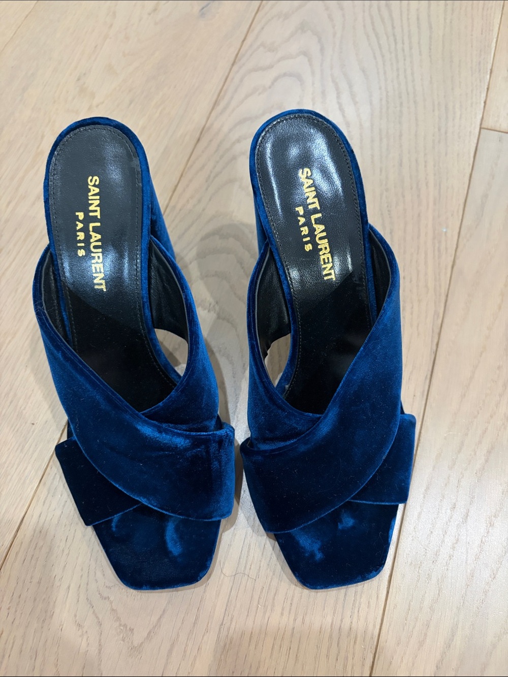 Saint Laurent Navy Velvet Twist Mule Heels